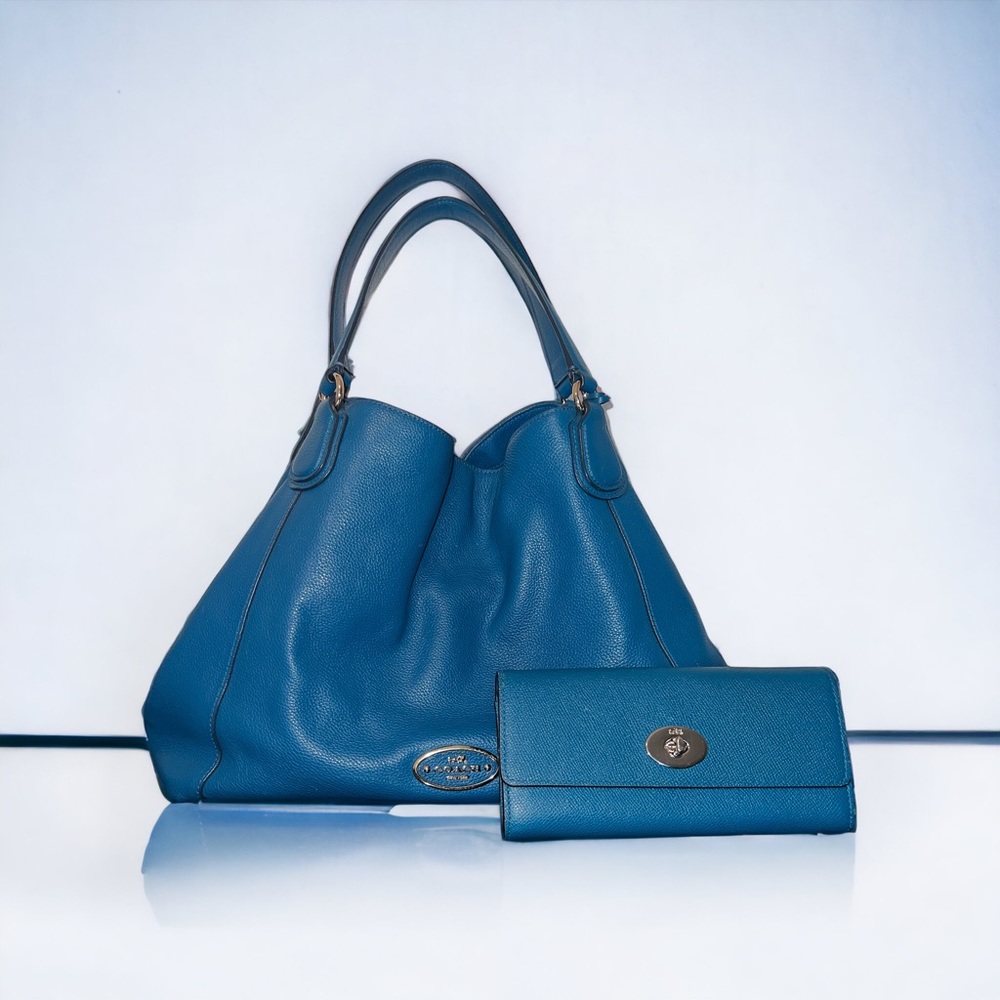 Coach Beautiful Blue Leather Tote Bag With Matching Long Wallet Nwot - Picture 3 of 16